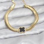 316L Çelik Gold Renk Siyah Yonca Model Zirkon Taşlı Yılan Zincirli Kadın Bileklik