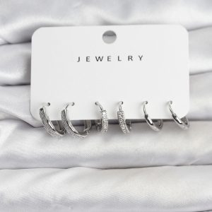 Zirkon Taşlı Gümüş Renk Pirinç Kadın Küpe Seti