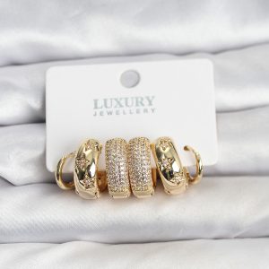 Zirkon Taşlı Pirinç Gold Renk Halka Kadın Küpe Seti