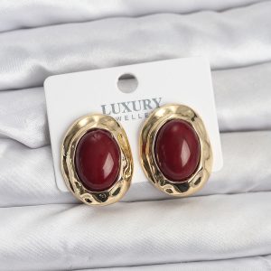 Bordo Renk Oval Vintage Pirinç Kadın Küpe