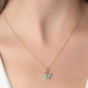 Gold Renk Su Yeşili Kelebek Figür Kadın Kolye