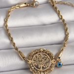 316L Çelik Gold Renk Burgu Zincir Model Dorika Yaşam Ağacı Figür Nazar Boncuk Detay Kadın Bileklik