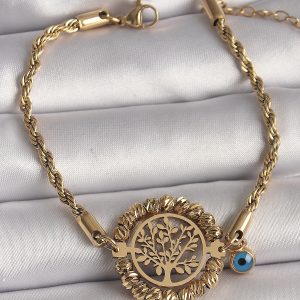 316L Çelik Gold Renk Burgu Zincir Model Dorika Yaşam Ağacı Figür Nazar Boncuk Detay Kadın Bileklik