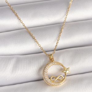 316L Çelik Gold Renk Zincir Zirkon Taşlı Ay Yıldız Model Sonsuzluk Detay Kadın Kolye