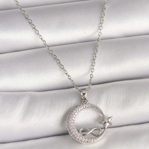 316L Çelik Gümüş Renk Zincir Zirkon Taşlı Ay Yıldız Model Sonsuzluk Detay Kadın Kolye