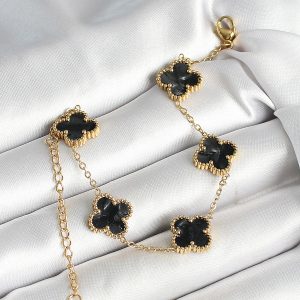 316L Çelik Sedefli Siyah Gold Renk Yonca Kadın Bileklik