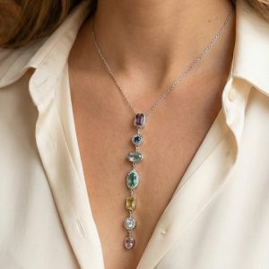 Pirinç Renkli Zirkon Taşlı Model Gümüş Renk 7 Element Kadın Y Kolye