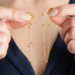 Gümüş Çift Zincirli Gold Top Detaylı Kadın Küpe