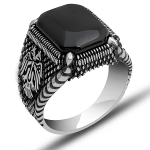 Gümüş Çift Başlı Kartal Oniks Erkek Yüzük