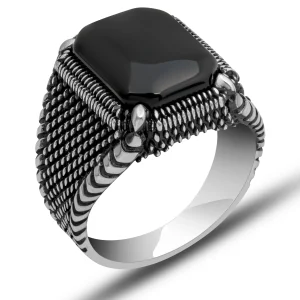 Gümüş Oniks Taşlı Erkek Yüzük