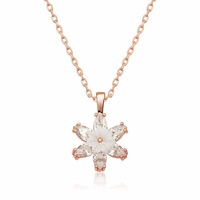 Gümüş Rose Beyaz Lotus Çiçeği Kolye