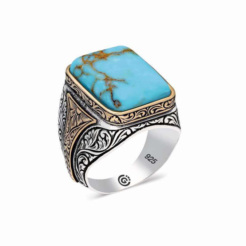 Gümüş Zirkon Turkuaz Taşlı Kare Erkek Yüzük