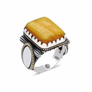 Gümüş Sarı Sıkma Kehribar Taşlı Kare Erkek Yüzük