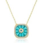 Gümüş Gold Kare Camgöz Nazar Bayan Kolye