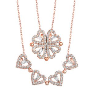 Gümüş Rose Kalpli Açılabilen Yonca Kadın Kolye