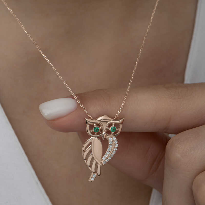 Gümüş Rose Yeşil Gözlü Baykuş Kadın Kolye