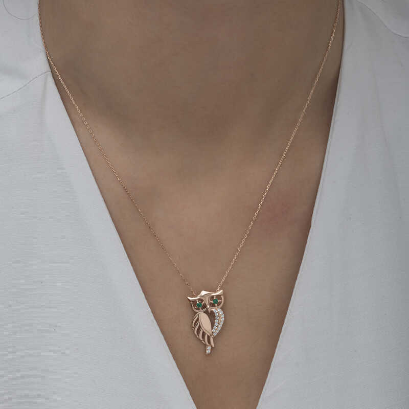 Gümüş Rose Yeşil Gözlü Baykuş Kadın Kolye