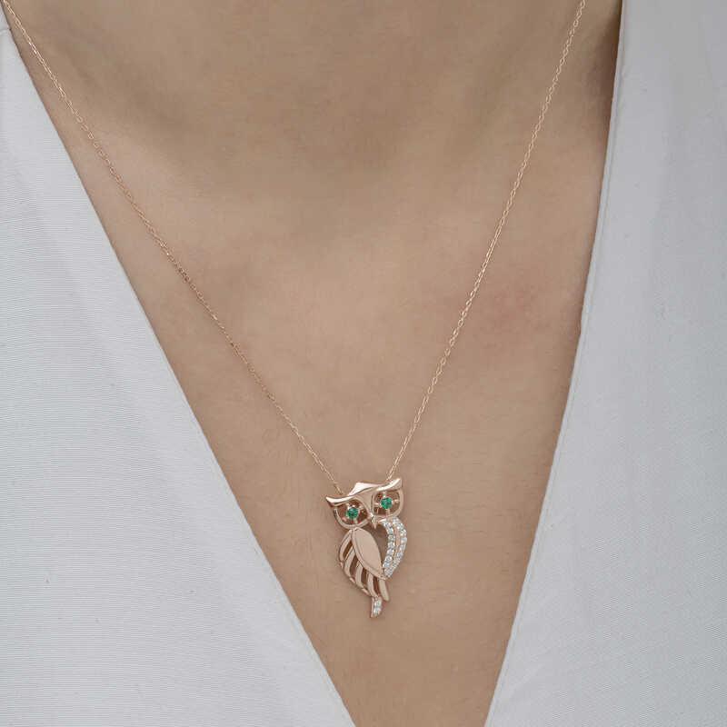 Gümüş Rose Yeşil Gözlü Baykuş Kadın Kolye