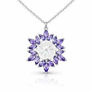 Gümüş Mor Lotus Desenli Çiçek Kadın Kolye